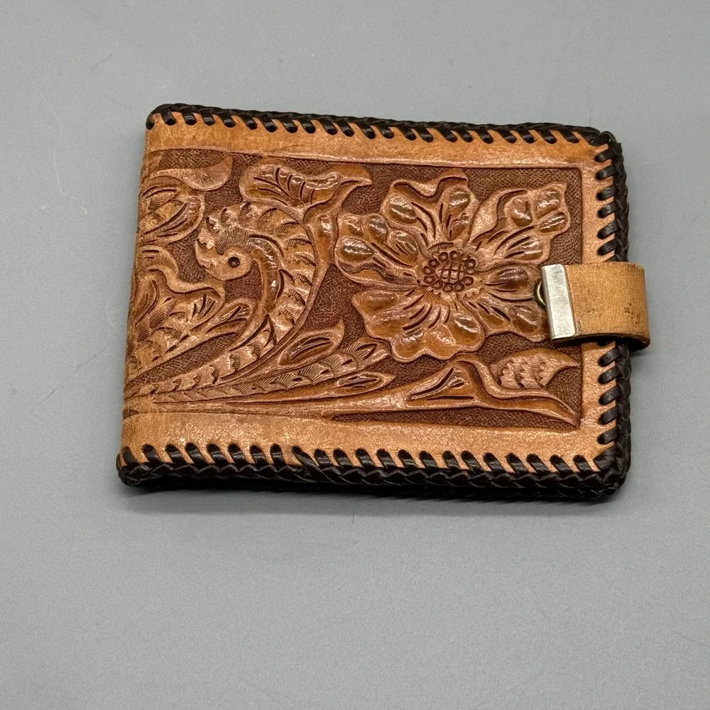 Vintage‎ Tooled Leather Western Bifold Wallet Floral Whipstitch Tan Brown Unisex